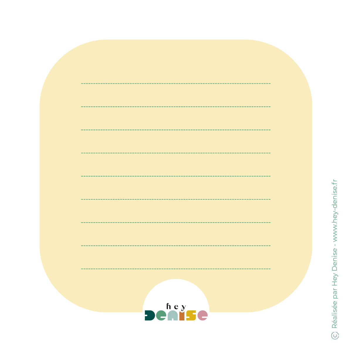 visuel verso carte postale carree, jaune lignes vertes, collection paper pop, logo hey denise